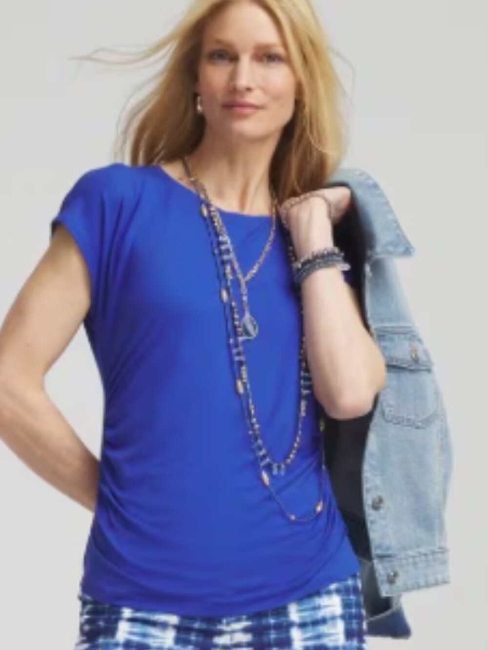 NWT Chico's Touch of Cool Cap Dolman Sleeve Tee Cobalt Blue Ruched Size Small